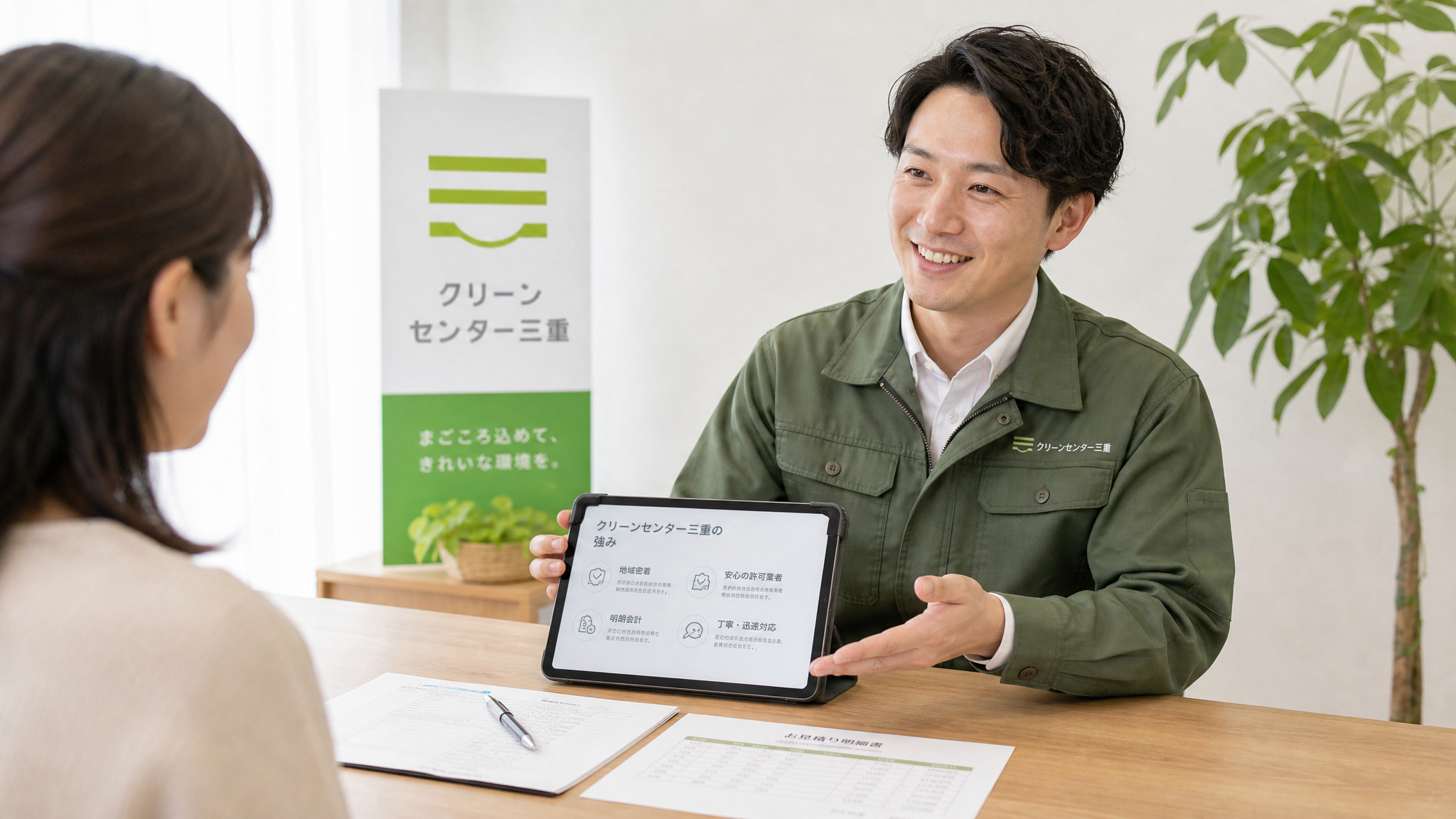 スタッフがタブレットを使って相談内容を説明している様子