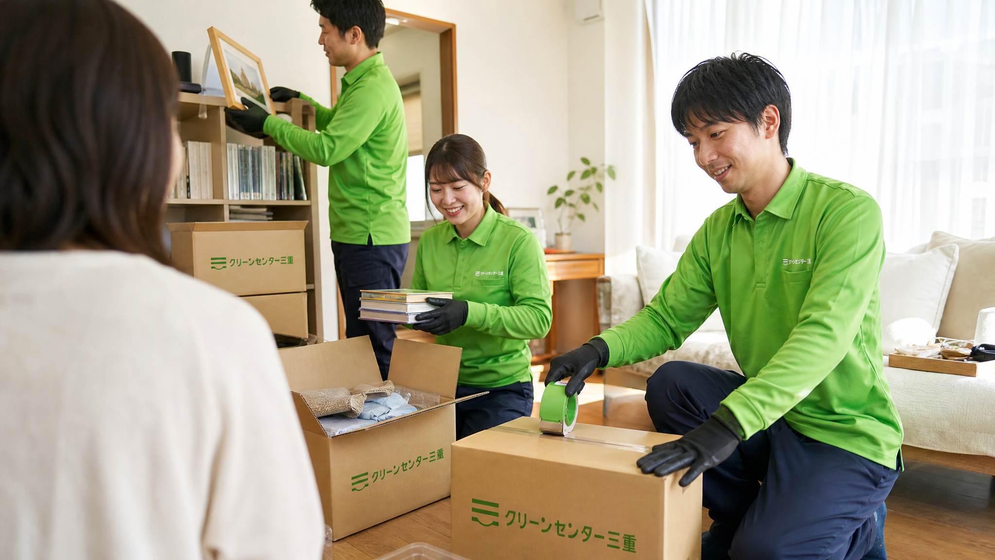 スタッフが自宅内で荷造りや片付け作業をしている様子